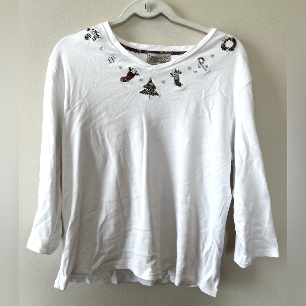 Longaberger Homestead 3/4 sleeve top women XL Christmas appliqué‎ holiday cotton